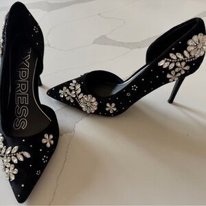 Express Black Heels with Silver Embellishments